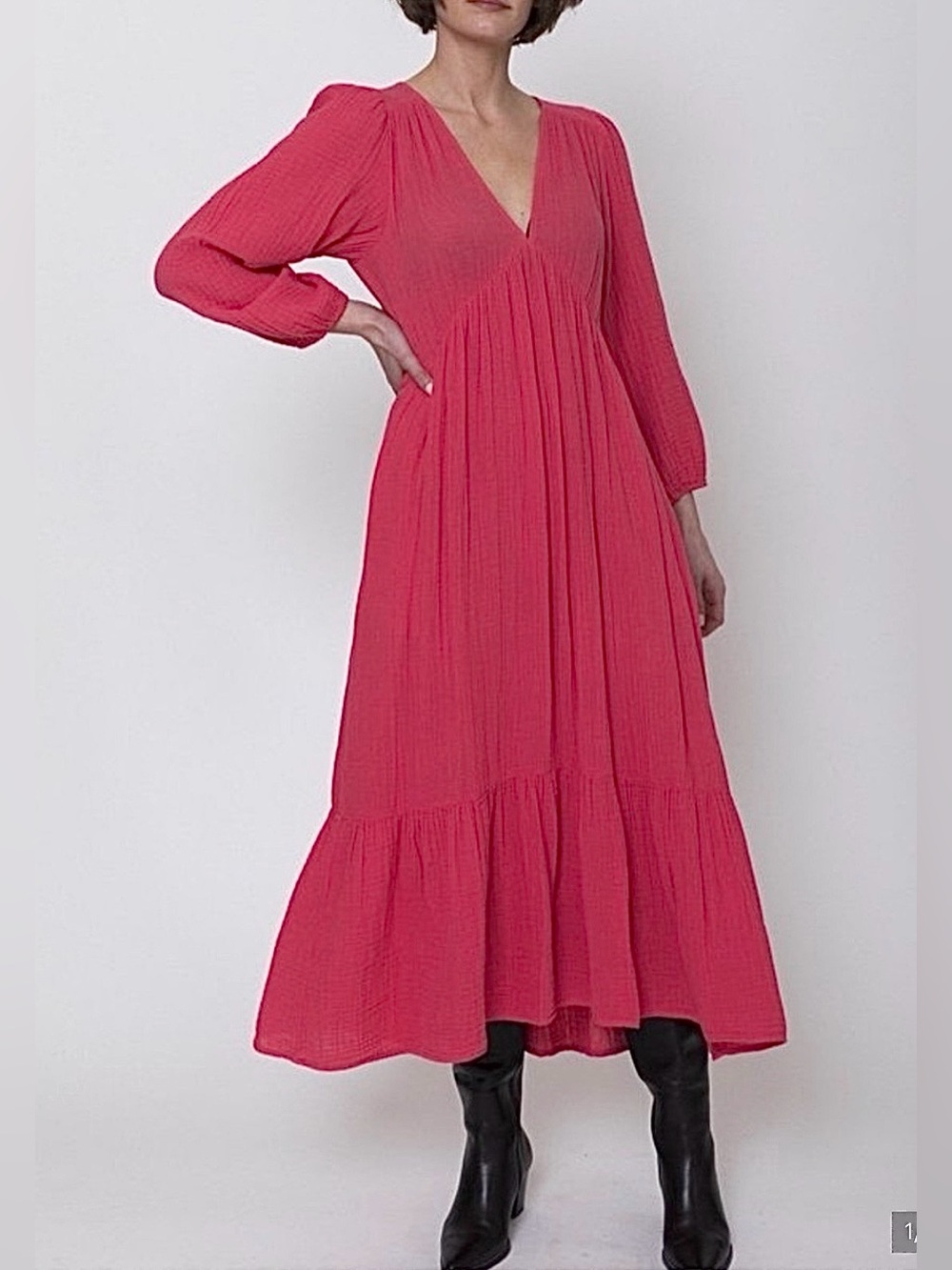 Xirena Ella Dress Rose Coral Gauze Cotton Tiered Midi Boho Puff Sleeve size XS